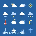 Verschiedene Emoticons, die Wetterlagen und Temperaturen darstellen, auf blauem Hintergrund